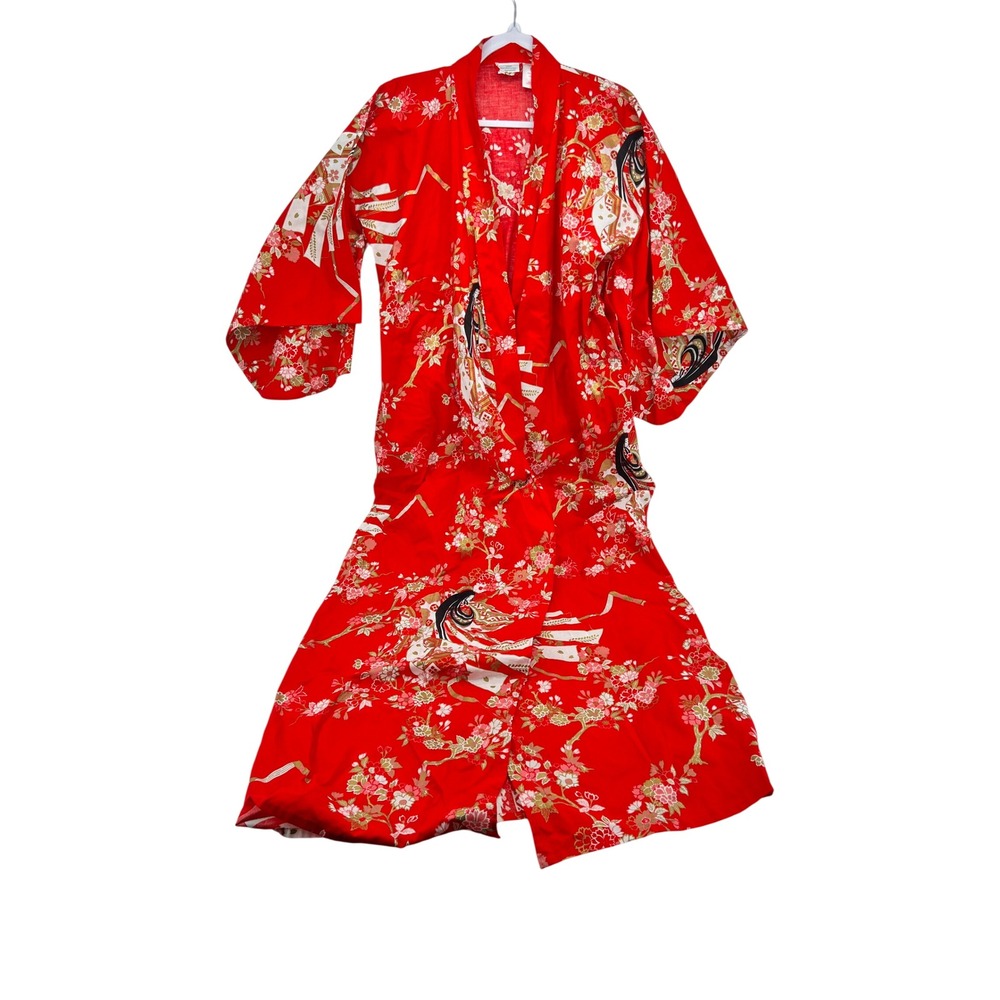 Smithsonian Institution Red Cotton Kimono Robe Geisha Floral Made in Japan L